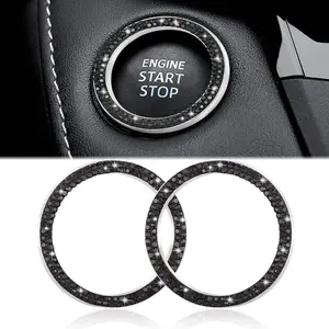 2pcs Bling Car Engine Start Button Cover Diamond Crystal Push Start Stop Button Ring Sparkly Bling Ignition Button Cover Rhinestone Keyless Ignition Ring Universal Car Accessories (Black)