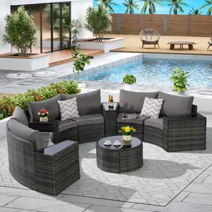 11-Piece Half-Moon Sectional Outdoor Patio Conversation Set, Sofa with Tempered Glass Round Coffee Table