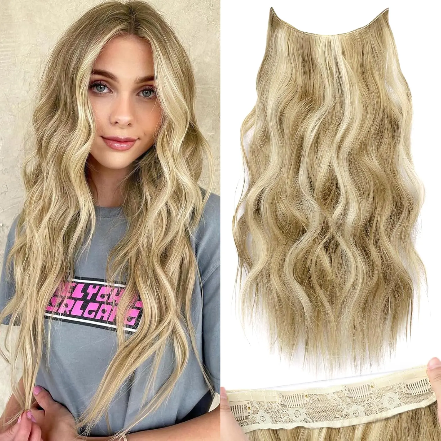 AISI HAIR Invisible Wire Hair Extensions with Transparent Headband Adjustable Size 4 Secure Clips Long Wavy Secret Wire Hairpiece for Women Body Wave Blonde Synthetic Wavy Hair Synthetic Hair Wigs
