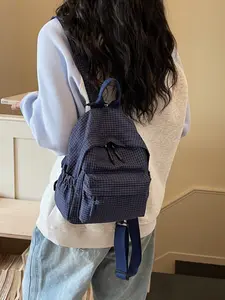 Korean Style Casual Navy Plaid Mini Backpack, Lightweight Drawstring Shoulder Bag, Streetwear Fashion, Suitable for Short Trips
