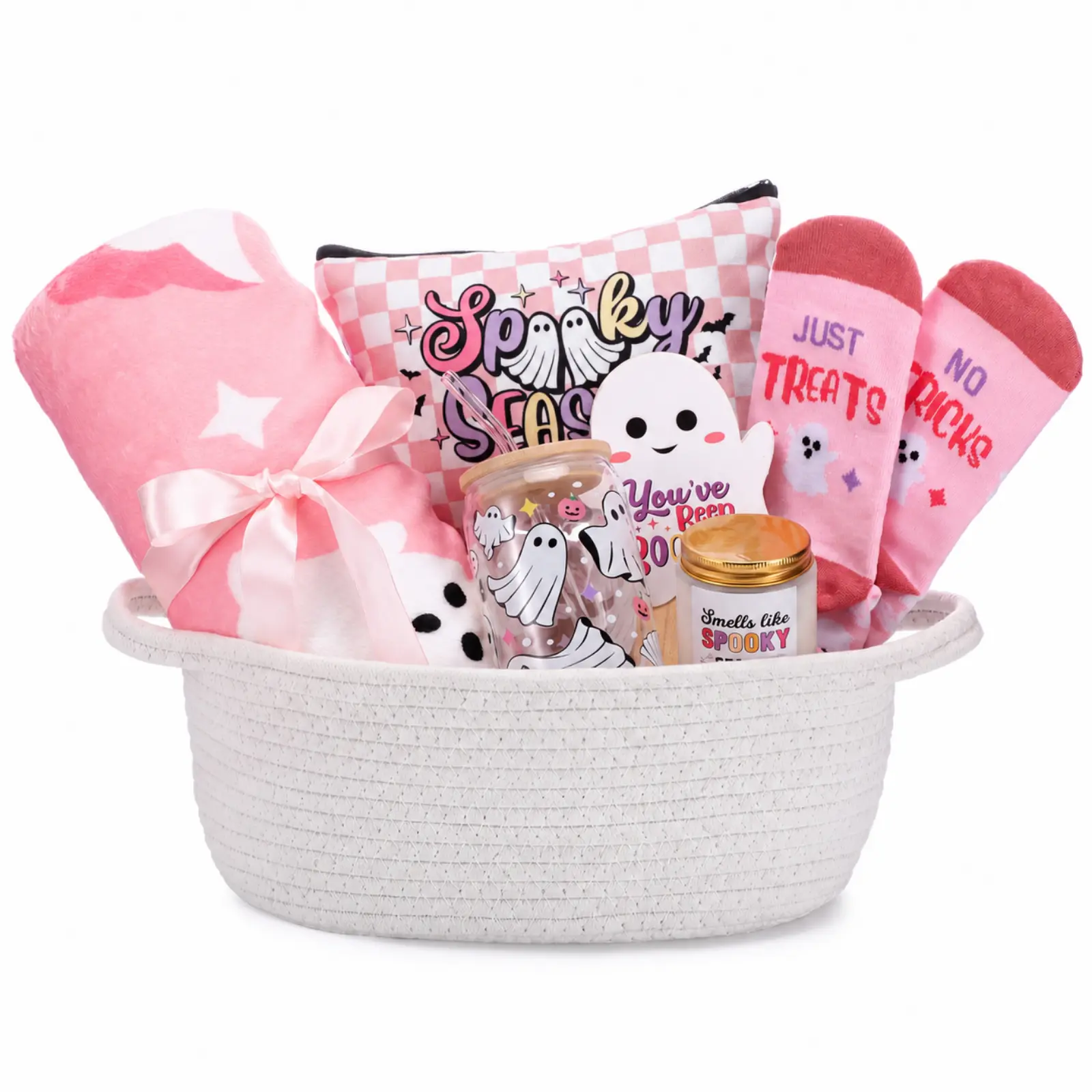 7/8Pcs Boo Basket Gifts Halloween Gifts for Women Cute Halloween Boo Basket Halloween Fall Gift Boo Basket Stuffers with Ghost Flannel Blanket Glass Tumbler Candle Keychain Novelty Socks,Halloween Spooky Gift Baskets for Adults Friends Teen Boyfriend