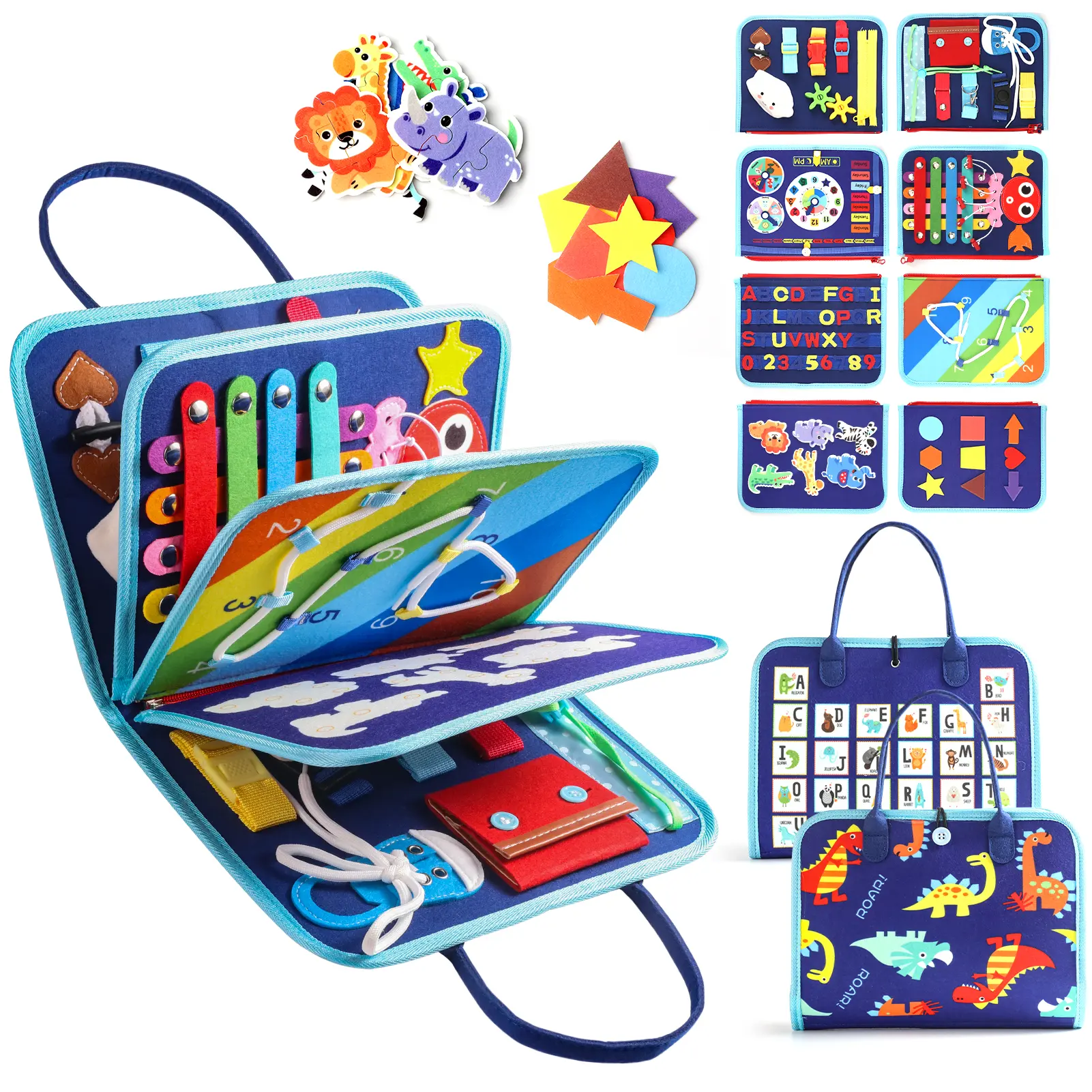 Montessori Toddler Dinosaur Sensory Friendly Busy Board - 1-Count Felt Fabric 8-Page Interactive Unisex Toy Board with Zipper, Button, Jigsaw Puzzles, Calendar, Lace, Preschool Fine Motor Skill Learning Tool, Birthday Gift