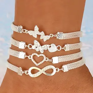 Women's Silver Anklets - Butterfly, Heart, Infinity Symbol Combo Set, Adjustable, Versatile Costume Jewelry Accessory