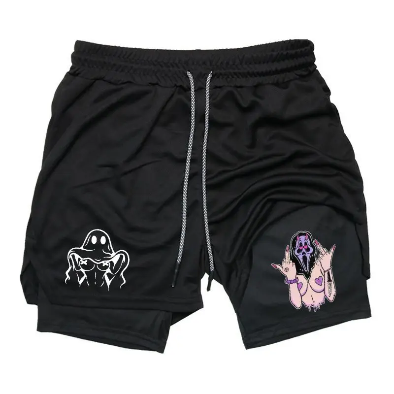 Funny Ghost Streetwear Design 2 in 1 Shorts Sweat Shorts for Men Drawstring Waist Summer Outfits Men Shorts Guys Gifts