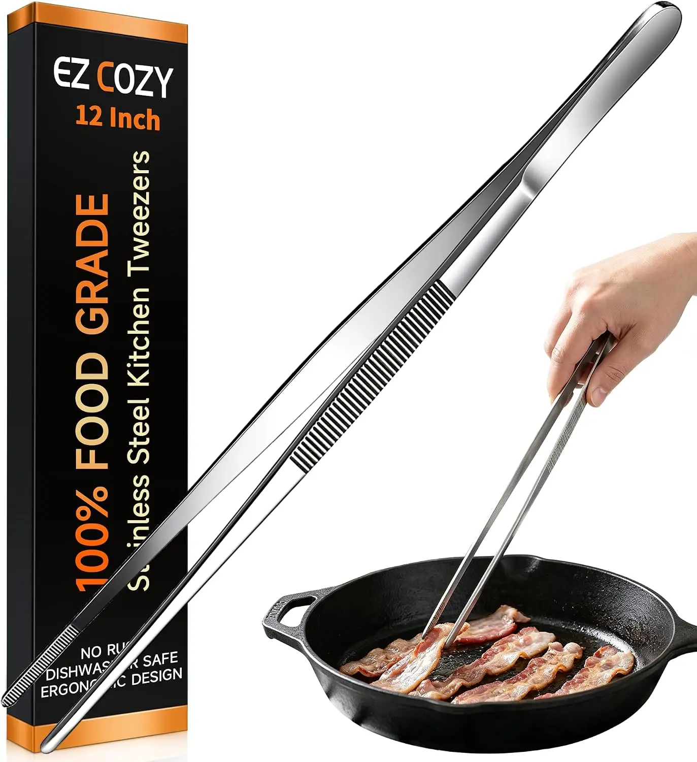 Kitchen Tweezers 1PC Cooking Tongs, Stainless Steel Food-Grade 12" Long Tweezers, Professional Heat Resistant Kitchen Utensils for Chef, Baking, Salad, Dishwasher Safe & Anti-Slip Grip Kitchen Tools