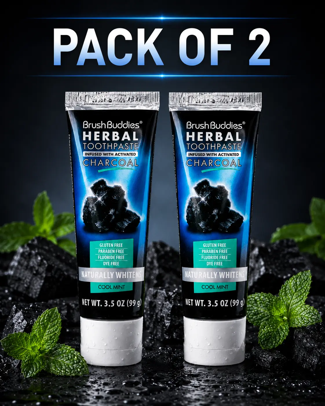 BrushBuddies Herbal Toothpaste Infused with activated Charcoal, cool mint 3.5 oz. each Tube - Set 2 pack - gluten freem, paraben free, fluoride free and dye free - Naturally Whitens Helps to remove stains and freshens breath Whitening Oral Sensitive