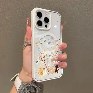 Magnetic Protective Case for iPhone 17 16 E Pro Max 15 Plus 14 13 12 11 XS XR, Girly Cats Catching Fish Illustration Design | Shockproof, Silicone, Stylish, Trendy, and Scratch Resistant