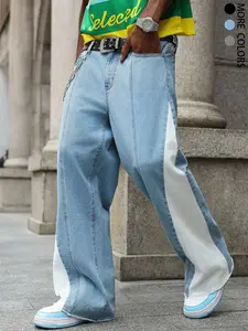 Men's Casual Daily Wear Colorblock Patchwork Loose Straight Jeans, Comfortable Denim Jeans for Everyday Use, Stylish and Versatile, Streetwear Pants, Menswear
