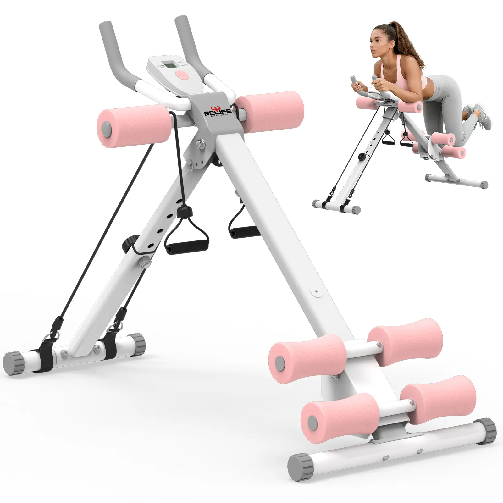 RELIFE REBUILD YOUR LIFE Abs Workout Machine, Pink Foldable Exercise Equipment, Alloy Steel Abdominal Cruncher with 2 Incline Levels for At Home Workouts, Home Gym, At Home Gym Equipment