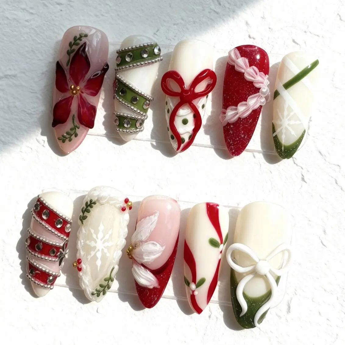 Christmas Press On Nails: Handmade 3D Holiday Nail Art featuring Bows, Flowers & Snowflakes – Reusable Festive Gel False Nail Set