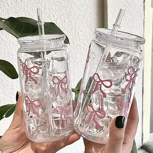 16oz Bow Plastic Cup with Lid and Straw, Retro Portable Travel Mug Bottle Drinkware for Coffee, Juice and Soda, Perfect Gift for Summer Wedding and Anniversaries