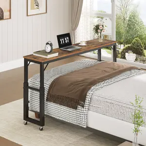 MAHANCRIS Overbed Table with Wheels, Queen Size Mobile Bed Desk with Adjustable Height, Rolling Table, Laptop Table, Recliner Desk, for Bedroom, Living Room, Office, Rustic Brown