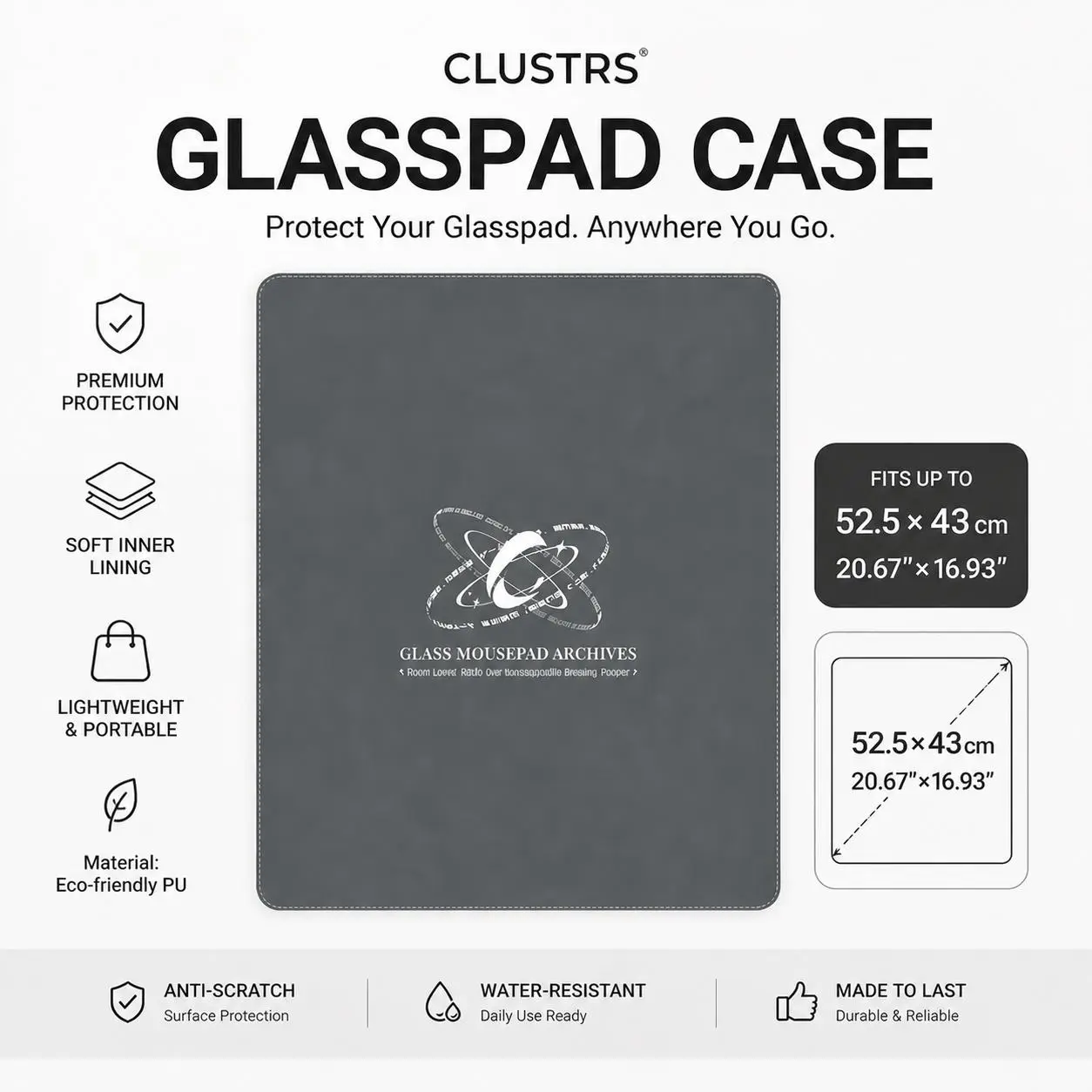 CLUSTRS Glass Mousepad Charcoal Gray PU Case 52.5×43cm | Premium Protective Travel Storage Bag for Gaming Glass Mouse Pads