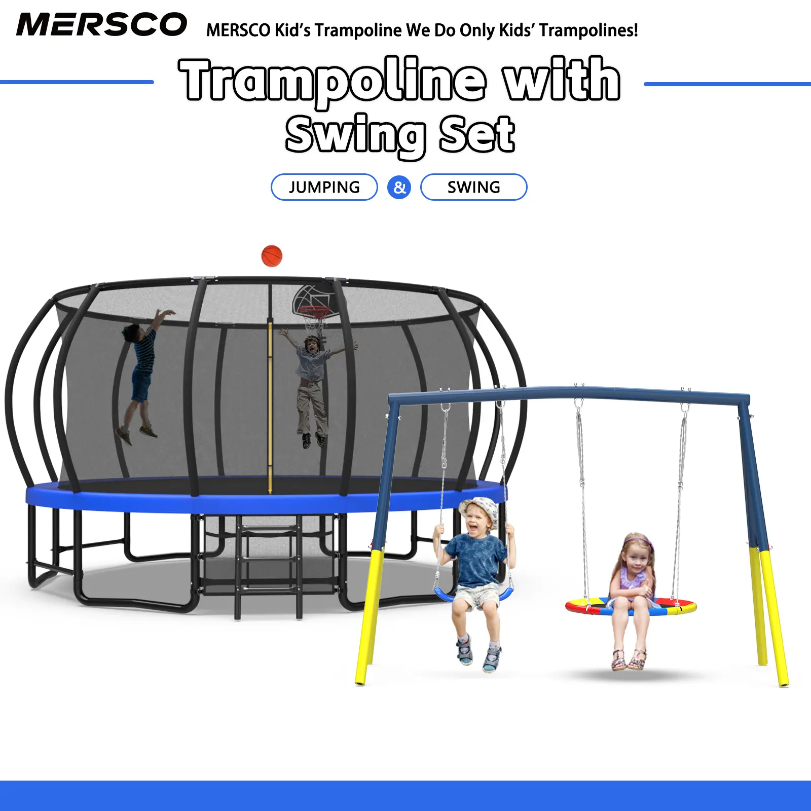 Mersco 10-16FT Heavy Duty Trampoline with Enclosure Net & Swing Set Outdoor Big Trampoline for Backyard, Kids Trampoline with Basketball Hoop, 1320LBS Capacity, Recreational Trampoline, Stable Exercise Trampoline, Galvanized Steel,summerwins