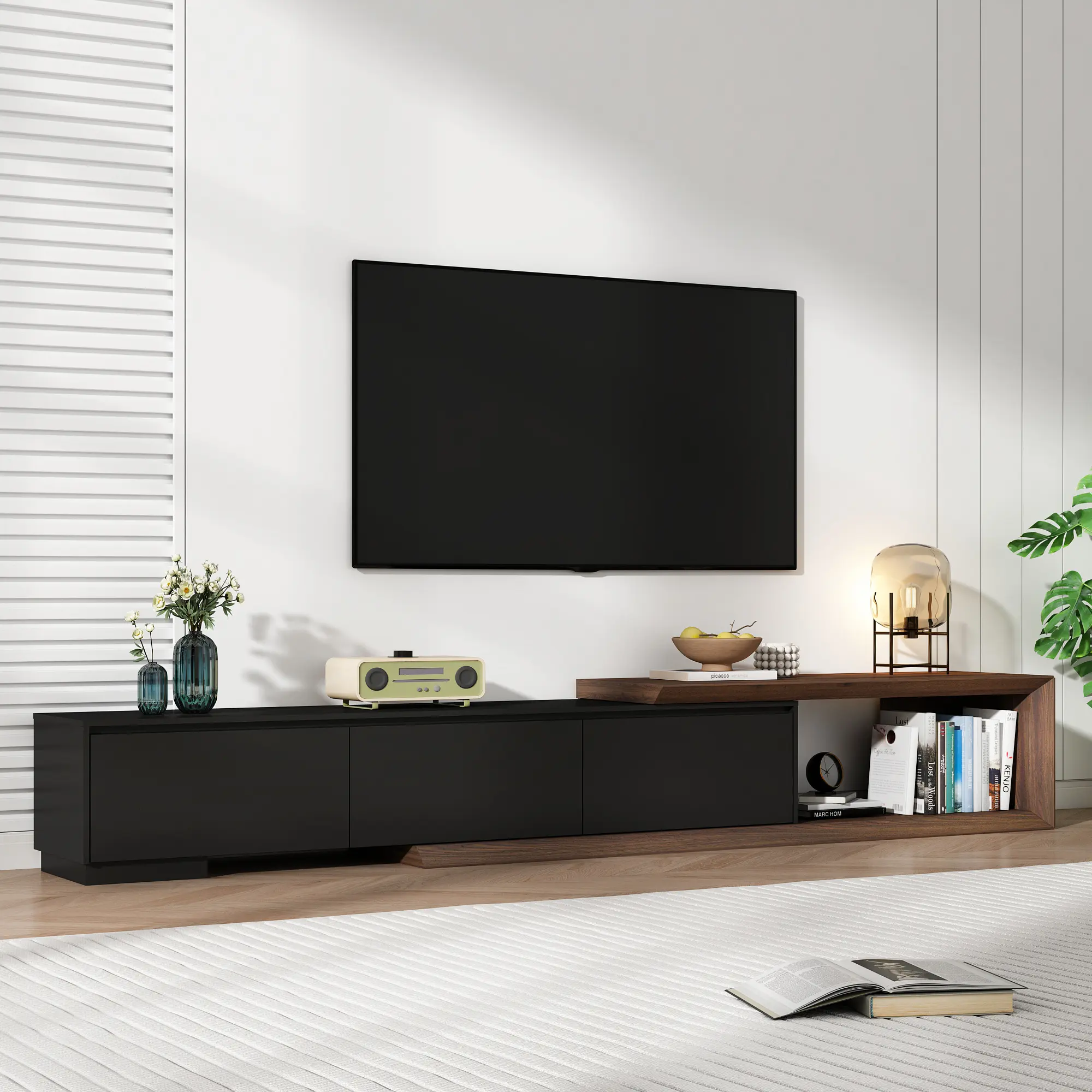 Extendable TV Stand with 3 Drawers, Modern Minimalist Entertainment Center, Reversible Long TV Media Console, Bevel Design, 82-107 Inch, Black & Walnut/White & Walnut/Walnut