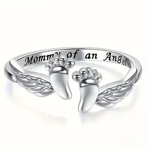 Women's Infinity Mom & Angel Wings Footprints Promise Ring - Interlocking Hands & Feet Design, White Golden Plated Jewelry, Mother's Day/Valentine's Gift for Birthday - Symbolic Eternal Love Keepsake, Everyday or Special Occasion Jewelry