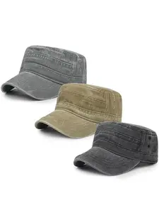 3Pcs Cadet Hat Military Cap Washed Casual Flat Cap for Men Adjustable Outdoor Cap Army Hat