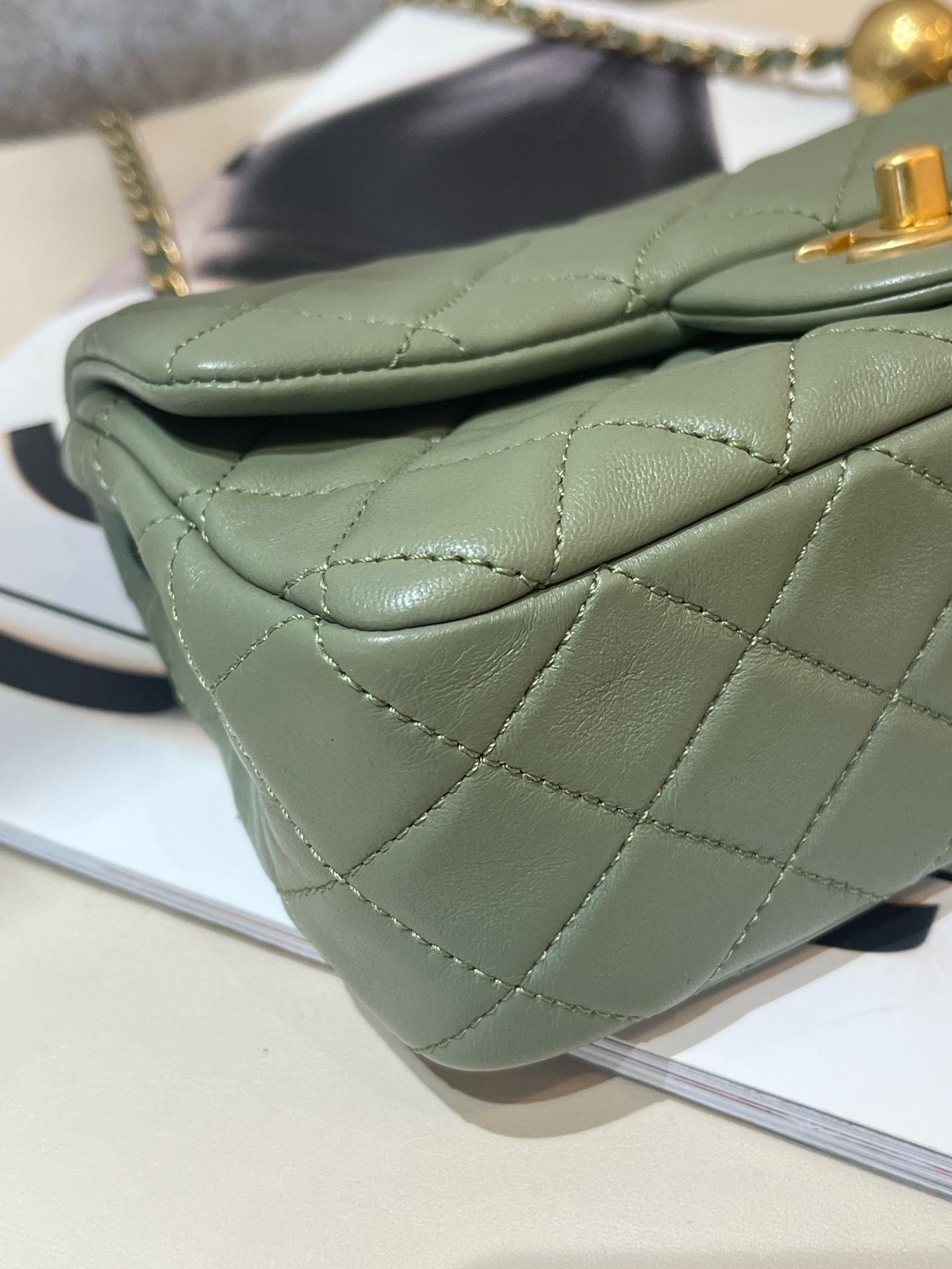 Pre-owned CHANEL Mini Rectangular Classic Flap Bag in avocado green lambskin, featuring the iconic adjustable gold ball chain 1919H0106