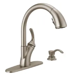 Delta Shiloh Single-Handle Pull-Out Kitchen Faucet with Soap Dispenser in Brushed Nickel Finish