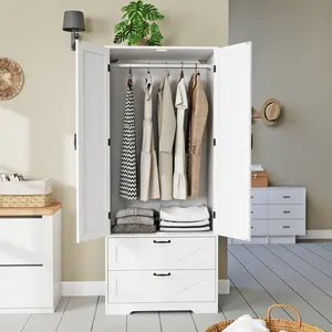 Wooden Wardrobe Closet, 65.3" Clothing Storage Cabinets with 2 Doors, and 2 Drawers, Wardrobe Cabinet with Hanging Rod for Bedroom, Gym, Cloak Room