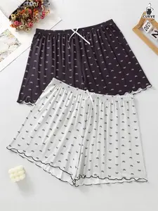 2-pack Plus Size Women's Knit Sleep Shorts, Casual Bow Print Loungewear Shorts, Wearable Outside