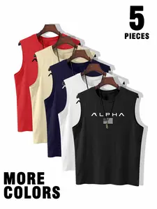 5pcs Men's Tank Top, “ALPHA”Fashion Graphic Print Design, Men's Wide Shoulder Tank Top,Breathable Summer Gym & Casual Fashion Sleeveless Shirt, Street American Style, Unisex Couple Wear,Suitable For Daily Wear