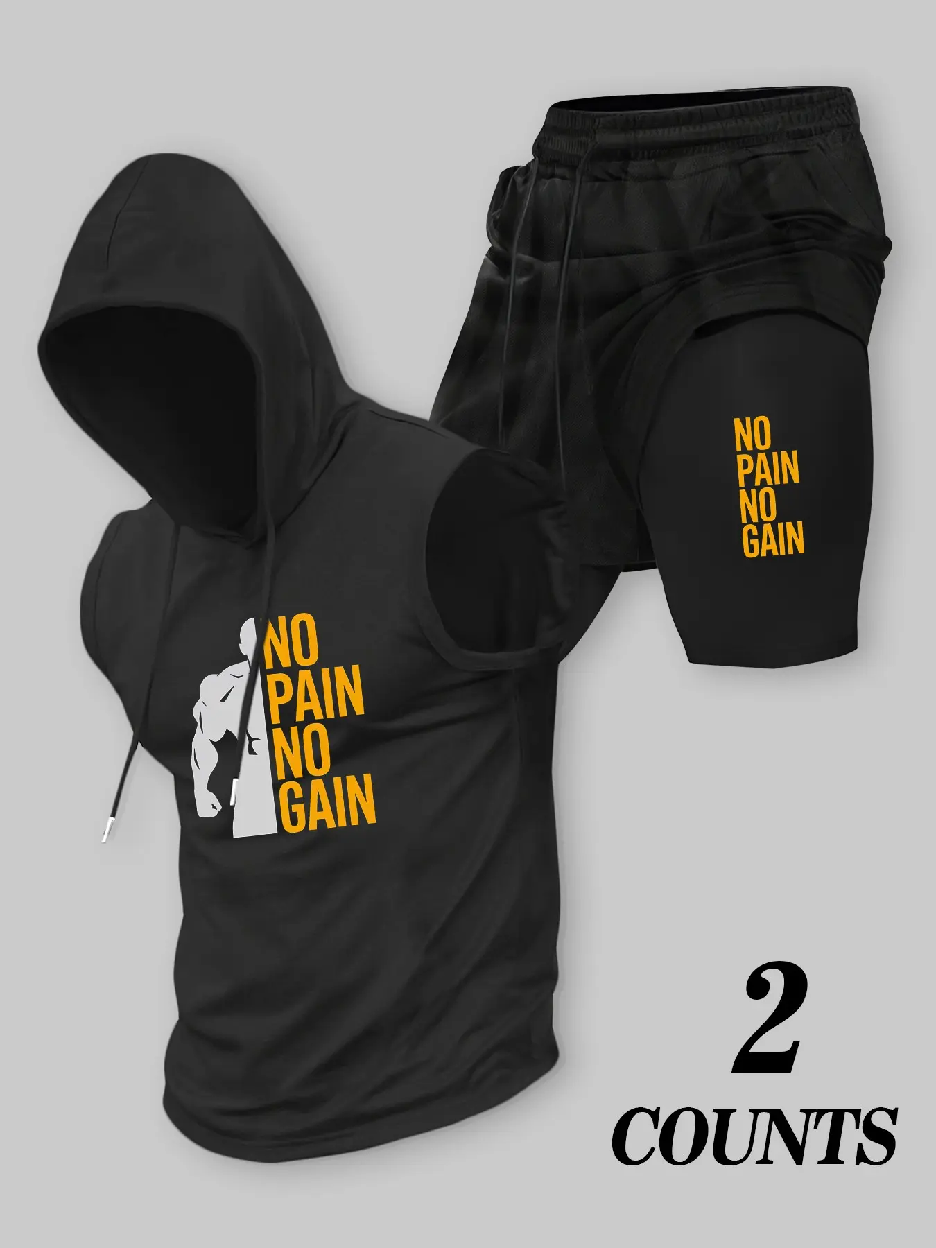 Men's 2 Piece Workout Set, Fitness Clothes - Sleeveless Hooded Tank Top & 2-in-1 Shorts with "NO PAIN NO GAIN" Graphic, Athletic Tracksuit for Gym, Fitness Training, Casual Streetwear