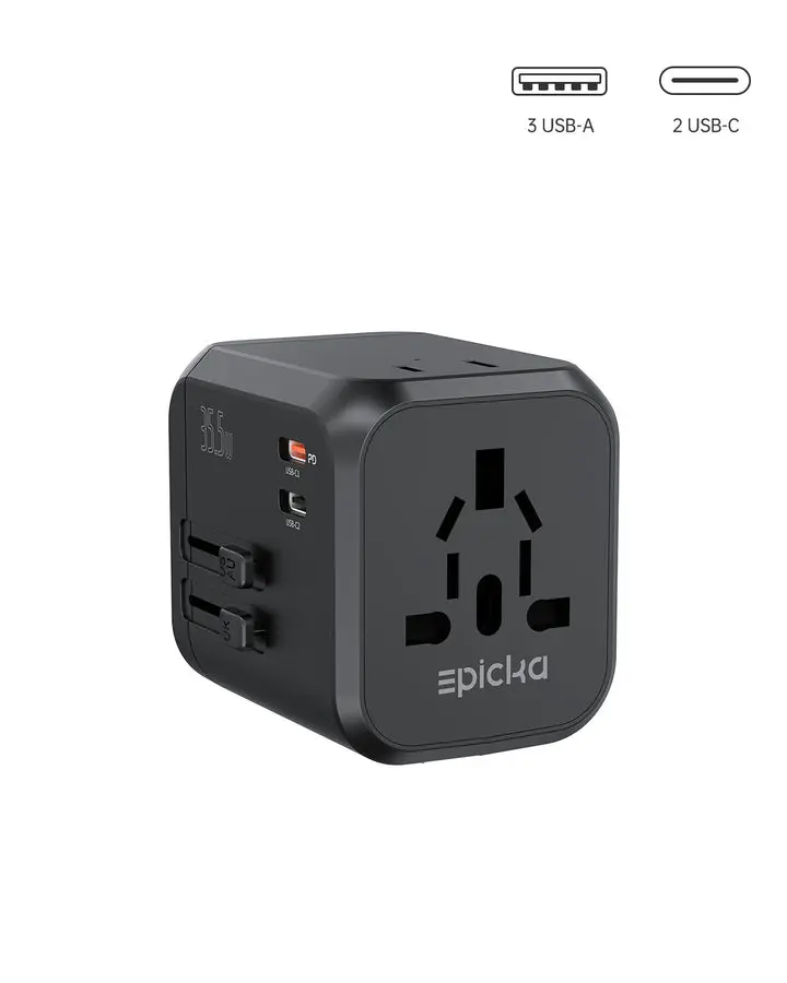 Epicka TA-205 Compact Universal Travel Charger Block Adapter - 35.5W PD3.0 Charge, 7-Port, USB-C, Compatible with Cellphones & Electronic Devices, Charger Block Adapters
