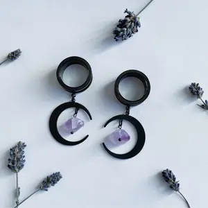Black Moon & Raw Amethyst Tunnels - Double Flare with Screw On Backs - Plugs For Stretched Ears - Body Jewelry - High Quality Jewelry - Gauges