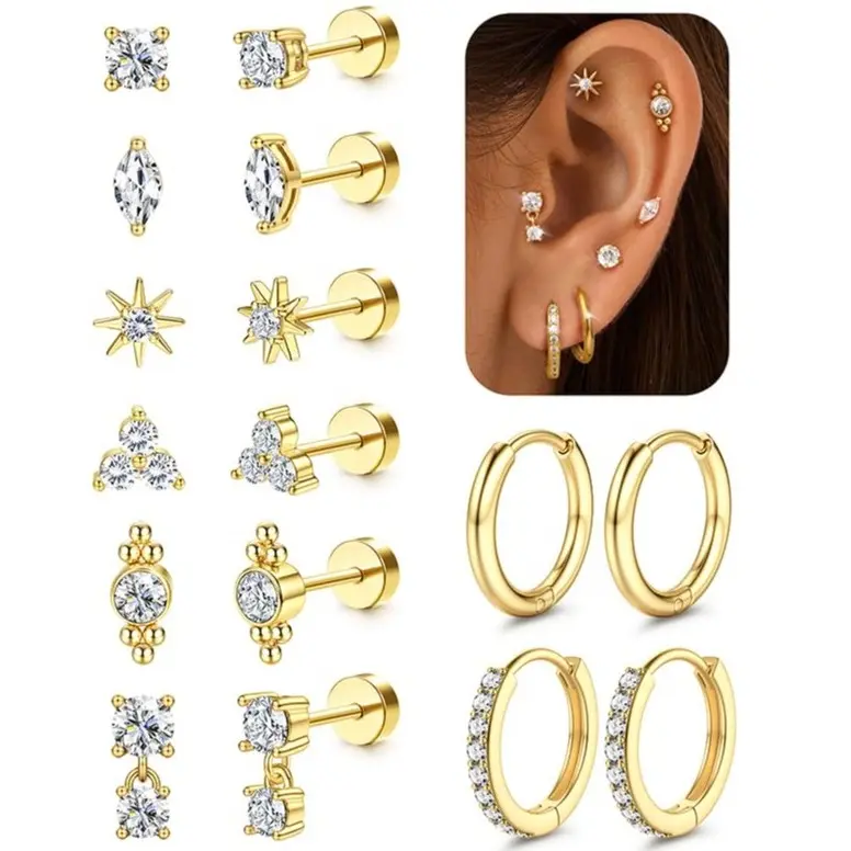 MILACOLATO Women's 20G Surgical Steel Helix Earring Stacking Set, Hypoallergenic Trendy Stackers with Flatback Pretty Studs & Small Huggie Hoops, for Cartilage Piercings, Multiple Piercing Use, Flat Back Earrings, Ceremony, Daith Piercing Earrings