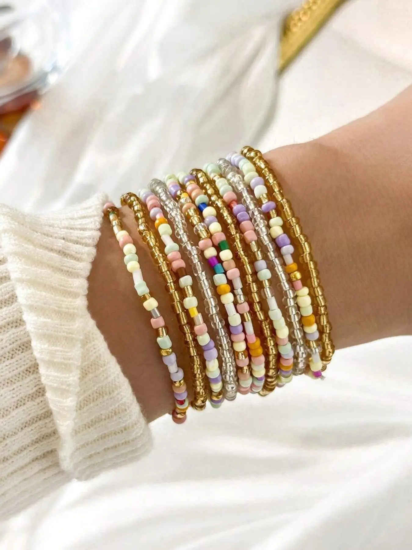 11 Pcs Bohemian Style Colorful Artificial Crystal Glass Rice Bead Handmade Elastic Stackable Beaded Bracelet, Fashionable Simple Women's Personalized Multi-layer Stacked Bracelet Set for Party & Vacation