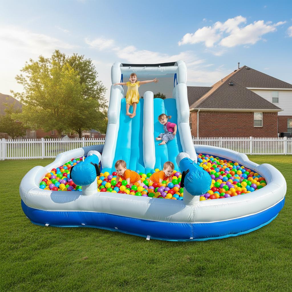 Inflatable Double Water Slide Inflatable Water Slide with Dual Slides & Large Splash Pool, 6-in-1 Backyard Water Park with Water Cannons, Arched Sprinkler, Includes Blower