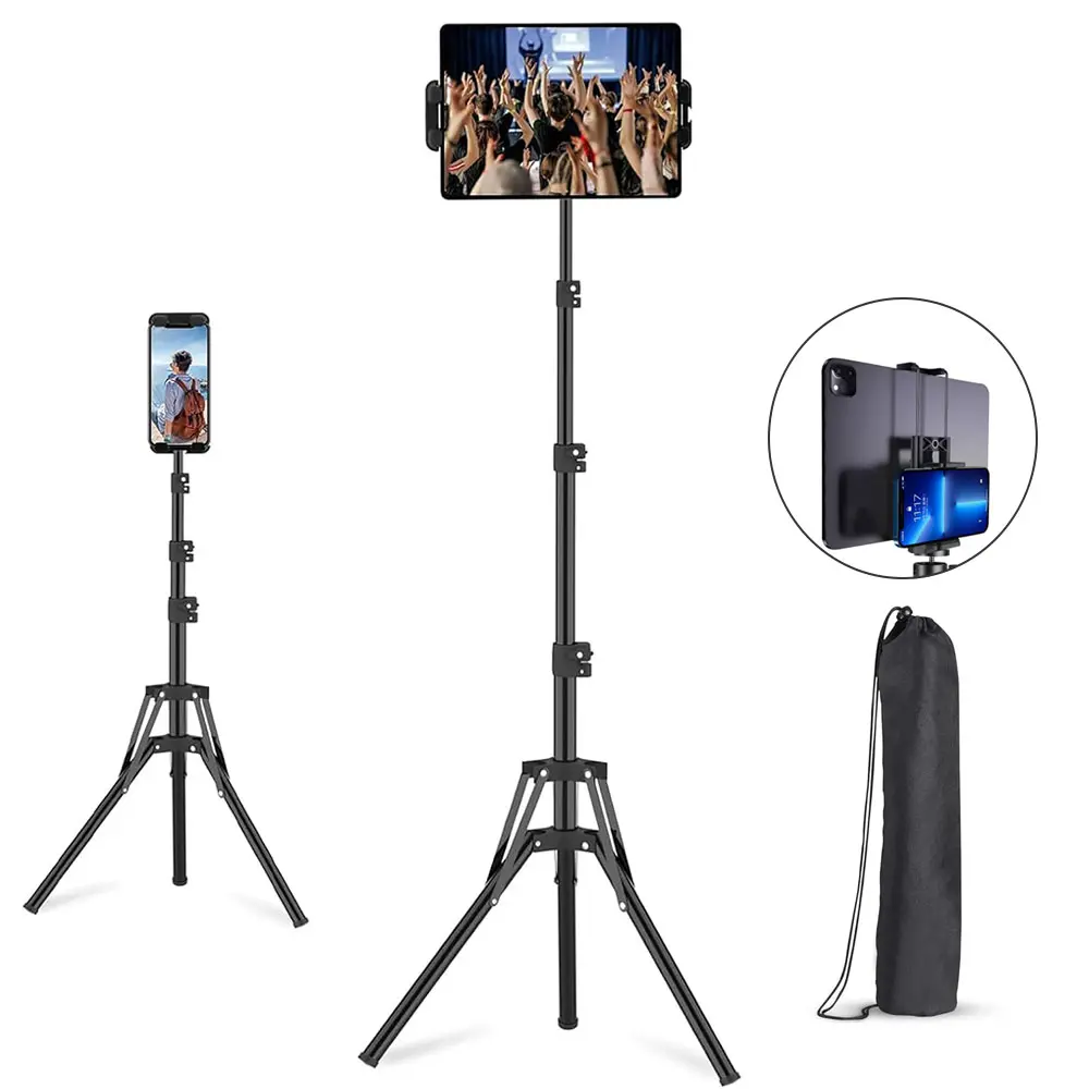 For iPad Tripod Stand, 63" Height Adjustable Tripod for Tablet, 360° Rotation Tablet Floor Stand Mount Holder for iPad mini/Air/Pro, Smartphones and All 4.7" to 11" Devices