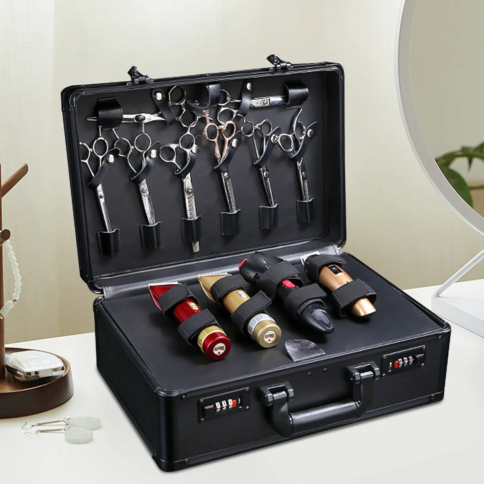 CNCEST Professional Portable Aluminium Hairdressing Tool Organiser - Multifunctional Storage Solution with Adhesive Strap, Lockable, Large Space, Lightweight Compact Rectangle Modern Box for Stylists, Fits Dryers & Curlers, Bottom Holds Dryers, Storage Or