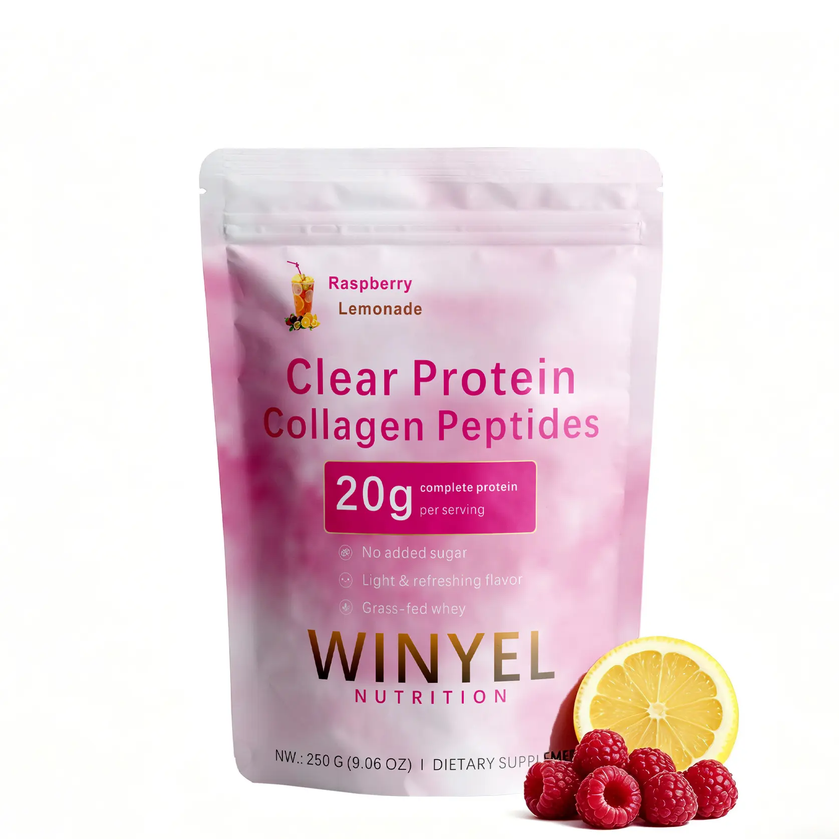 WINYEL Grass-Fed Whey Clear Protein Collagen Peptides Dietary Supplement, Raspberry Lemonade Flavor, 20g Protein, 0 Sugar, 250g Healthcare Vitamin