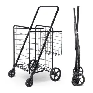 SuperDeal Folding Utility Shopping Cart with Double Basket and Wheels for Grocery Laundry Book Luggage Travel, Black