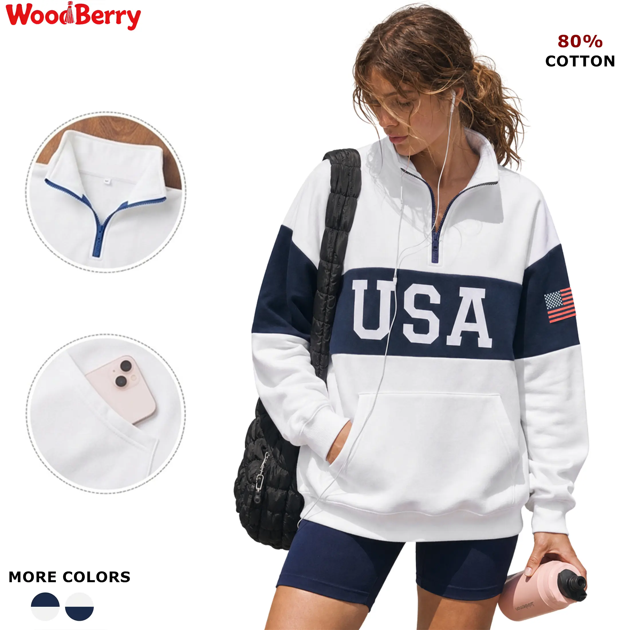 WoodBerry Women's Cotton American Flag Hoodie, Long-Sleeves Crew Neck Lightweight Half-Zip Pullover, Loose Women's Clothes with Pocket for Casual Travel, Longsleeves, Casual Street, Round Neck