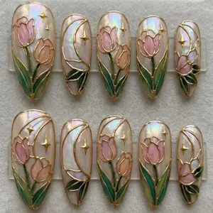 Tulip Stained Glass Press On Nails, Vintage Bridal Spring Wedding Nails, Gel Faux Acrylic Nails, Reusable Full Cover Nails, Elegant Nail Set