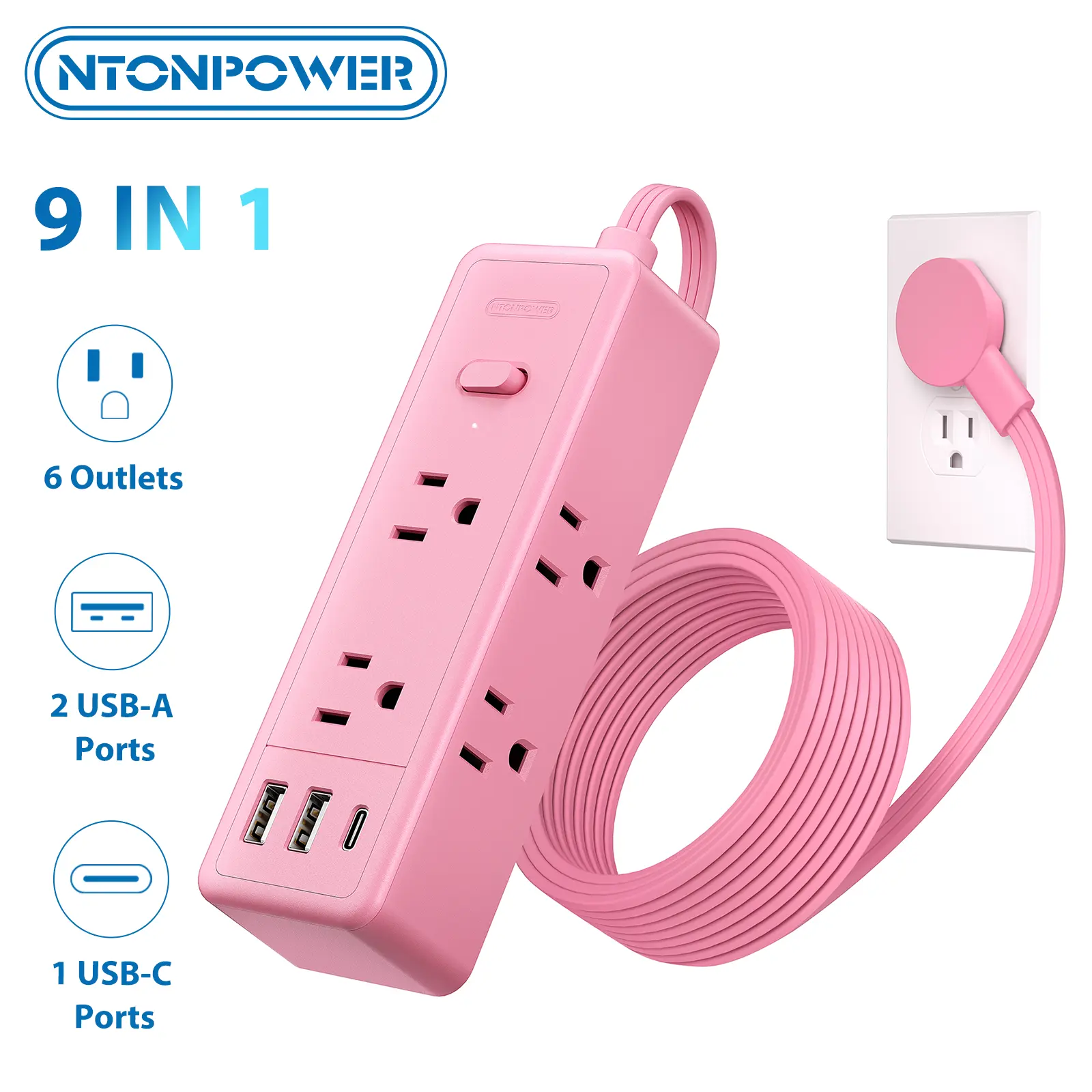 NTONPOWER 10FT Pink Extension Cord Kawaii Power Strip with 6 AC Outlets & 2 USB A Ports 1 USB C Compact for Cute Pink Kawaii Desk Home Essentials,Mother's day gift ideas,flat extension cord,couch nightstands desk,home improvement