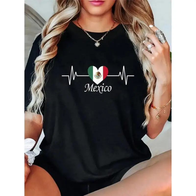 100% Cotton Hispanic Heritage Mexico Flag Heartbeat Mexican Men Women T-Shirt graphic tees women crop tops summer outfits for women summer tops T-Shirt