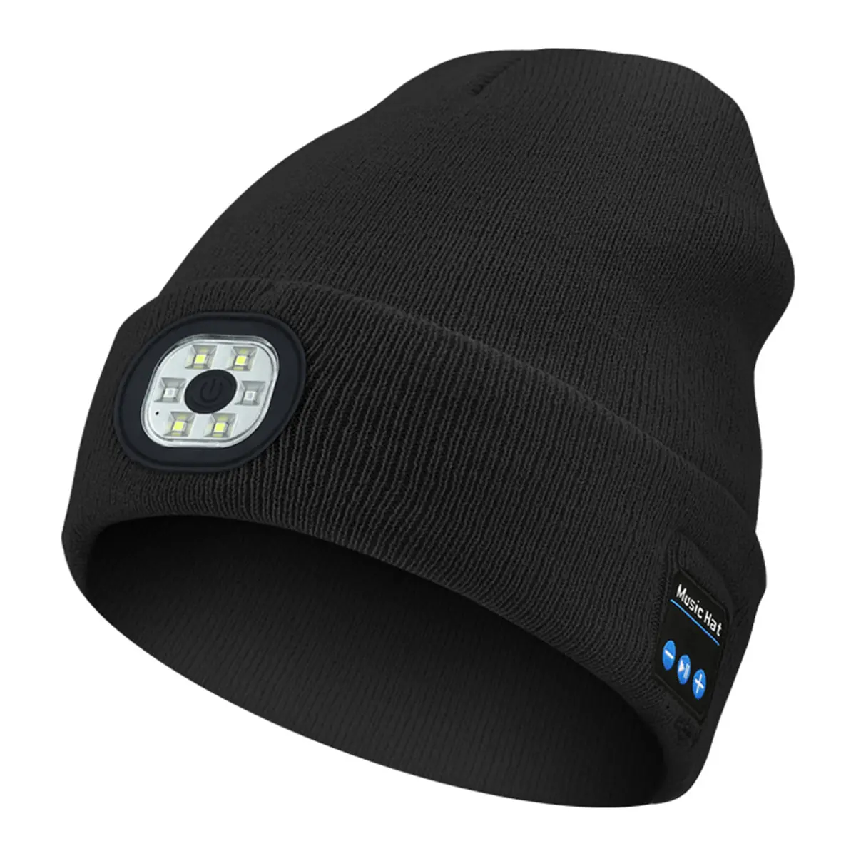 Bluetooth Beanie with a Light, Unisex USB Rechargeable 4 LED Fashlight Hat with Cordless Headphones, Unique Christmas Gifts - Black