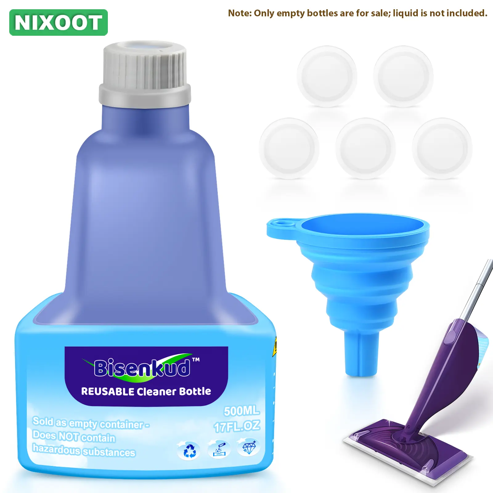 Reusable Wet Jet Mop Replacement Refill Bottle - Single Functional 500ml/17fl oz Durable Leak-Proof Acid-Resistant HDPE Empty Bottle for Indoor Floors, Irregular Surfaces (Cleaning Solution Not Included)