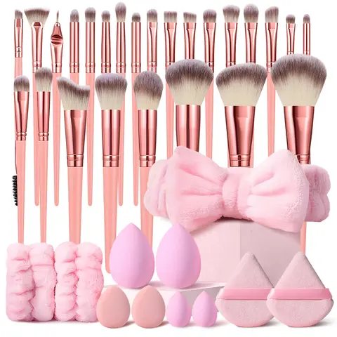 36Pcs Pink Multifunctional Makeup Brush Multi-Pack - Portable ABS Plastic Fine Tools Set with Foundation, Blending, Powder Brushes, Cosmetics Sponge, Powder Puff, Triangle/Water Drop Finger Puffs, Headband, Wristbands