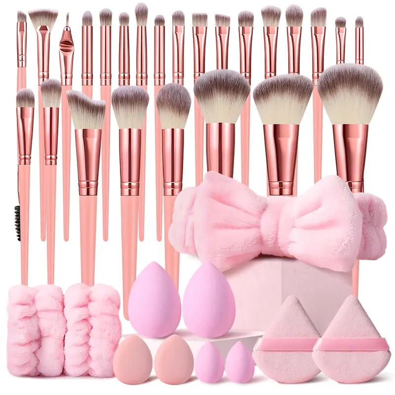 36Pcs Pink Multifunctional Makeup Brush Multi-Pack - Portable ABS Plastic Fine Tools Set with Foundation, Blending, Powder Brushes, Cosmetics Sponge, Powder Puff, Triangle/Water Drop Finger Puffs, Headband, Wristbands