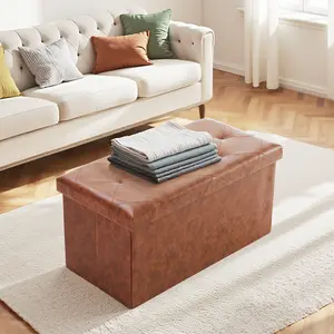 Brown Storage Ottoman Bench 30"/43", Foldable Footrest Stool with Thick Padded Seat, Leather Storage Chest 660LBS Capacity for Entryway, Bedroom & Coffee Table Use