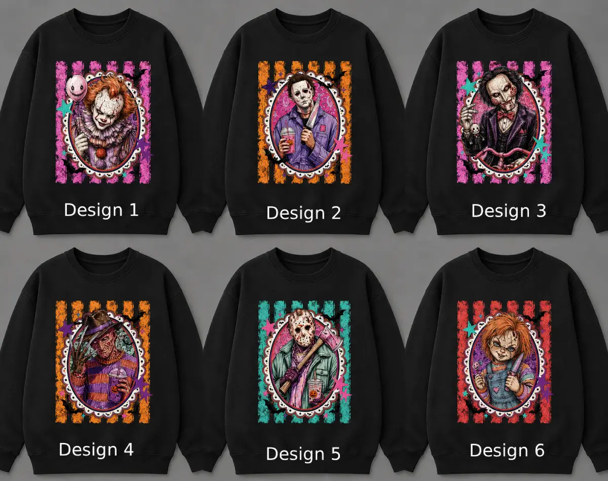 Preppy Horror Sweatshirt, Retro Halloween Characters, Colorful Stripe Sublimation Designs, Spooky Season Shirt, Scary Movie Tee