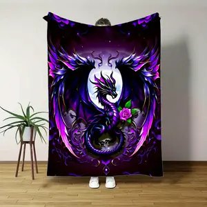 Dragon Print Flannel Blanket Dark Purple Black Dragon Scales  Heavyweight Bedspread White Rose Chinese Dragon Motif Soft Warm Bed Cover Fantasy Bedding