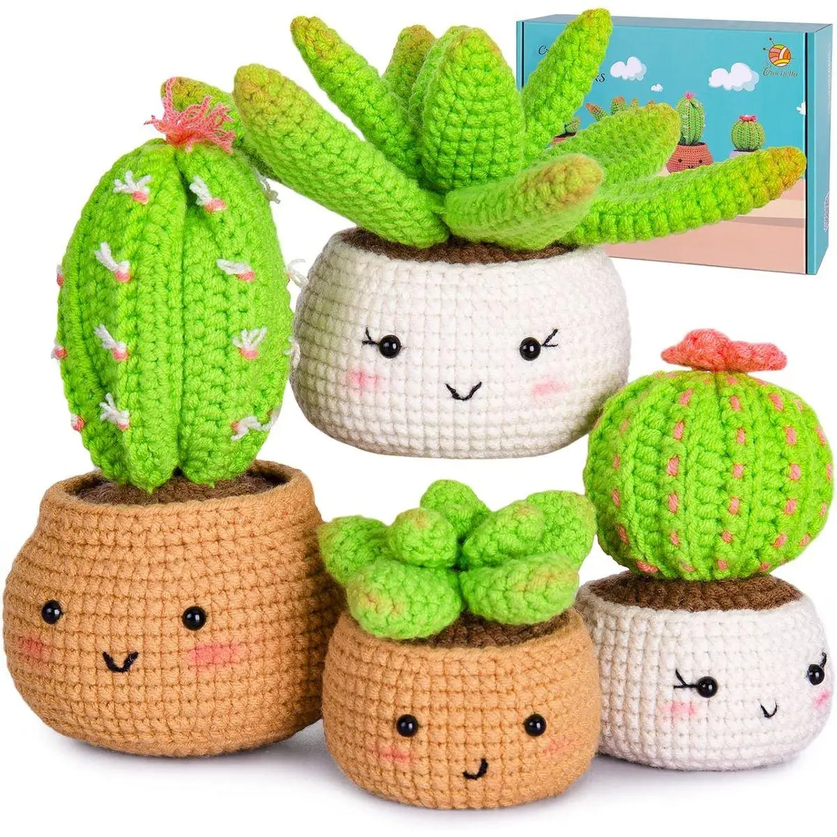 Crochet Kit for Beginners, Crochet Starter Kits for Adults, Amigurumi Craft Knitting Crocheting Kits with Step-by-Step Video Tutorials, 6 Pc Hanging Potted Plants Family(40%+ Yarn)