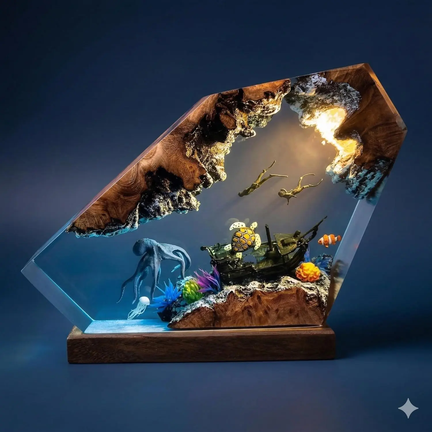 Ocean Resin Lamp – Adjustable Dimmable USB RGB Night Light, Handmade Marine Art Decor for Bedroom & Bedside, Ocean Gift for Him & Her, Scuba Diving & Marine Biology Lovers