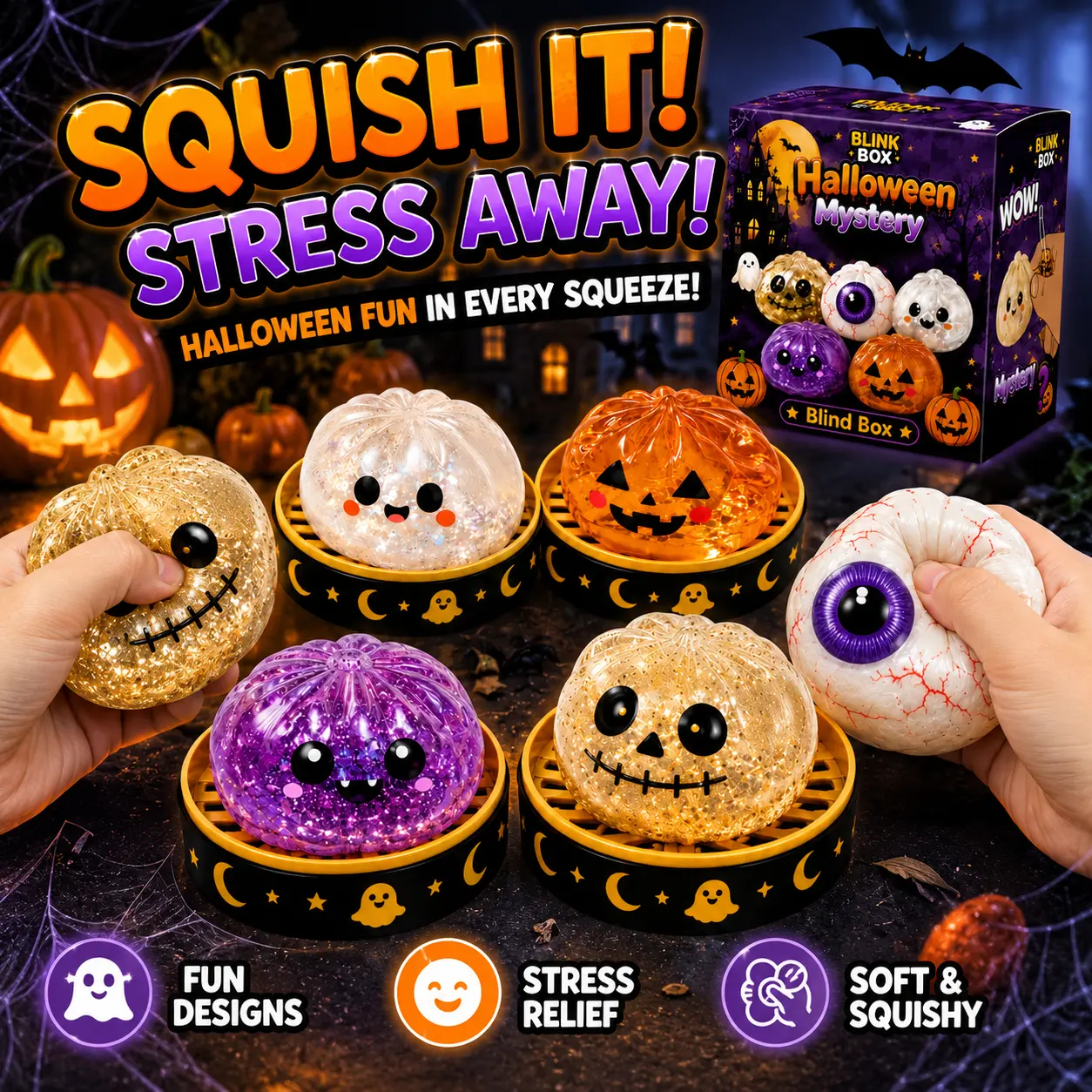 Halloween Squishy Dumpling Toy, Glitter Pumpkin Ghost Eyeball Sensory Fidget Toy for Kids, Stress Relief Collectible Squishy Toys with Display Base, Halloween Party Favor Gift